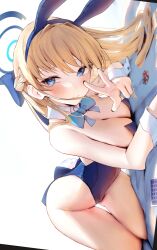 Rule 34 | 1girl, absurdres, all fours, animal ears, backless leotard, bare shoulders, blonde hair, blue archive, blue bow, blue bowtie, blue eyes, blue leotard, blush, bow, bowtie, braid, breasts, cleavage, comiket 102, commentary request, covered navel, detached collar, fake animal ears, groin, hair bow, halo, highres, hip focus, leotard, long hair, looking at viewer, medium breasts, multicolored hair, nidaime (doronbo), official alternate costume, playboy bunny, rabbit ears, rabbit tail, sideways, smile, solo, streaked hair, tail, thigh gap, thighs, toki (blue archive), toki (bunny) (blue archive), top-down bottom-up, v, very long hair, wrist cuffs
