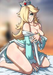 Rule 34 | 2021, arm under breasts, artist name, bad id, bad twitter id, between legs, blonde hair, blue dress, blue eyes, blurry, blurry background, bottomless, breasts, breasts out, clothes down, collarbone, crown, dress, earrings, groin, hair over one eye, hand between legs, heart, heart in eye, highres, jewelry, kinkymation, long hair, looking to the side, mario (series), medium breasts, nintendo, nipples, no bra, on bed, rosalina, sitting, star (symbol), star earrings, super mario galaxy, symbol in eye, wariza