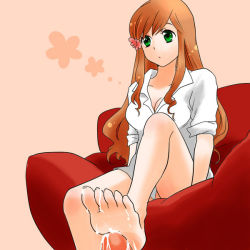 Rule 34 | 1girl, barefoot, breasts, brown hair, character request, cleavage, couch, cum, cum on body, cum on feet, cum on lower body, dress shirt, expressionless, feet, flower, footjob, green eyes, hair flower, hair ornament, kinzou (2828), long hair, medium breasts, orange background, penis, shirt, sidelocks, simple background, sitting, soles, solo, source request, toes, white shirt