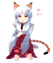 Rule 34 | 1girl, animal ears, detached sleeves, female focus, full body, japanese clothes, long hair, miko, red eyes, shin (new), solo, tail, tiger ears, tiger tail, white background