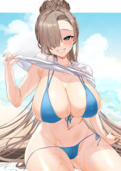 Rule 34 | 1girl, absurdres, asuna (blue archive), bare shoulders, bikini, blue archive, blue bikini, blue eyes, blue sky, blush, breasts, cleavage, clothes lift, collarbone, comichipota, grin, hair bun, hair over one eye, highres, large breasts, light brown hair, long hair, looking at viewer, navel, shirt lift, single hair bun, sky, smile, solo, swimsuit, thighs, wet