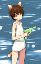 Rule 34 | 1girl, :o, aged down, animal ears, brown eyes, brown hair, fox ears, fox tail, gradient background, katou keiko, one-piece swimsuit, open mouth, school swimsuit, shibafu (glock23), short hair, solo, strike witches, swimsuit, tail, wading, water, water gun, white one-piece swimsuit, white school swimsuit, witches of africa, world witches series