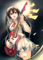 Rule 34 | 1girl, absurdres, black hair, blouse, blurry, blurry background, brown eyes, collared shirt, commentary, cowboy shot, dutch angle, electric guitar, english commentary, fudepenbrushpen, grey skirt, guitar, hair between eyes, highres, holding, holding instrument, instrument, k-on!, long hair, nakano azusa, neck ribbon, open mouth, pleated skirt, red ribbon, ribbon, sakuragaoka high school uniform, school uniform, shirt, shirt tucked in, skirt, solo, twintails, white shirt