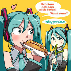 Rule 34 | 2girls, american flag, aqua eyes, aqua hair, bacon, blouse, caffein, clone, collared shirt, detached sleeves, dual persona, eating, english text, eyes visible through hair, face, flag, food, food on face, frown, grey shirt, hatsune miku, headphones, headset, heart, hot dog, japanese flag, long hair, multiple girls, nail polish, neon trim, shirt, simple background, spring onion, toyota, twintails, very long hair, vocaloid, yellow background