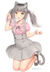 Rule 34 | 1girl, :3, :d, animal ears, black ribbon, blush, brown footwear, buttons, cat ears, cat tail, double-breasted, grey hair, grey ribbon, grey skirt, hair ornament, hair ribbon, hairclip, looking at viewer, neck ribbon, open mouth, original, paw pose, pink shirt, pleated skirt, puffy short sleeves, puffy sleeves, ribbon, sasaame, shirt, shoes, short sleeves, simple background, skirt, smile, socks, solo, suspender skirt, suspenders, tail, twintails, twitter username, white background, white socks, wristband, yellow eyes