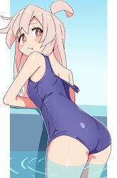 Rule 34 | 1girl, :t, ahoge, ass, bare arms, bare shoulders, blue one-piece swimsuit, blush stickers, brown eyes, commentary, from behind, genderswap, genderswap (mtf), highres, long hair, looking at viewer, looking back, noyama takenoko, one-piece swimsuit, onii-chan wa oshimai!, oyama mahiro, pink hair, school swimsuit, smile, solo, strap slip, swimsuit, water