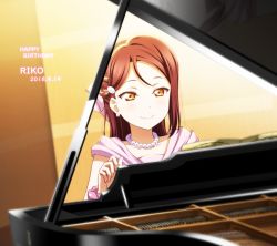 Rule 34 | 1girl, anibache, character name, dated, earrings, grand piano, hair ribbon, happy birthday, instrument, jewelry, long hair, love live!, love live! school idol festival, love live! sunshine!!, music, necklace, omoi yo hitotsu ni nare, pearl necklace, piano, pink ribbon, pink scrunchie, playing instrument, playing piano, polka dot, polka dot scrunchie, red hair, ribbon, sakurauchi riko, scrunchie, sheet music, smile, solo, wrist scrunchie, yellow eyes
