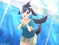 Rule 34 | 1girl, :d, absurdres, alternate costume, black hair, blue eyes, blue hair, blue shirt, blush, cetacean tail, clenched hands, common dolphin (kemono friends), dorsal fin, fins, fish tail, gradient hair, highres, kemono friends, lens flare, looking at viewer, multicolored hair, open mouth, shiraha maru, shirt, short sleeves, shorts, smile, solo, tail, teeth, twitter username, upper teeth only, water, white hair, white shorts
