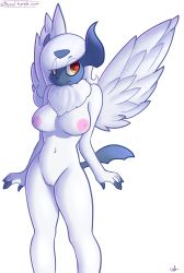 Rule 34 | 1girl, absol, absurdres, artist name, atherol, breasts, creatures (company), eyes visible through hair, furry, furry female, game freak, gen 3 pokemon, hair over one eye, highres, large breasts, legs apart, looking to the side, mega absol, mega pokemon, navel, nintendo, nipples, nude, personification, pokemon, pokemon (creature), pokemon rse, pussy, signature, simple background, smile, solo, standing, tail, text focus, tumblr, uncensored, watermark, web address, white background, white hair, wings, yellow eyes