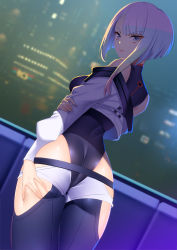 Rule 34 | 1girl, ass, asymmetrical hair, back, blue eyes, bodysuit, city lights, closed mouth, cropped jacket, cyberpunk (series), cyberpunk edgerunners, eyeliner, from behind, hand on own thigh, highres, hip vent, holding own arm, jacket, kippuru, lips, looking at viewer, looking back, lucy (cyberpunk), makeup, multicolored hair, night, railing, short hair, solo, white hair, white jacket