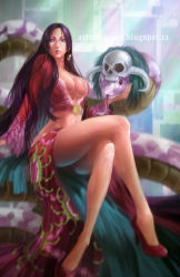Rule 34 | 1girl, absurdres, amazon lily, amazon warrior, black hair, blue eyes, boa hancock, breasts, cleavage, colored sclera, crop top, crossed legs, earrings, forked tongue, high heels, highres, horns, jewelry, large breasts, long hair, long legs, long sleeves, looking at viewer, midriff, mikael wang, navel, no bra, one piece, realistic, red heels, red sclera, salome (one piece), sitting, sitting on animal, skull, snake, snake earrings, tongue, watermark, web address