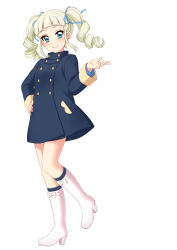 Rule 34 | 1girl, absurdres, aikatsu!, aikatsu! (series), blonde hair, blue coat, blue eyes, blue ribbon, blunt bangs, blush, boots, buttons, closed mouth, coat, double-breasted, drill hair, full body, hair ribbon, hand up, high heel boots, high heels, highres, long sleeves, looking at viewer, ribbon, sekina, simple background, smile, solo, standing, standing on one leg, todo yurika, twin drills, twintails, white background, white footwear