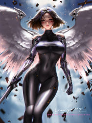 Rule 34 | 1girl, alita, alita: battle angel, angel wings, artist name, backlighting, battle angel alita, black hair, blurry, blurry background, brown eyes, covered navel, cyborg, debris, embers, facepaint, gears, highres, impossible clothes, liang xing, looking at viewer, mechanical arms, mechanical wings, parted lips, patreon username, shiny clothes, signature, single mechanical arm, sleeveless, solo, sword, thigh gap, watermark, weapon, web address, wings