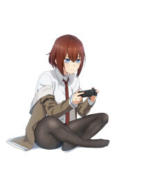Rule 34 | 1girl, :/, alternate hairstyle, arm belt, belt, black belt, black pantyhose, blue eyes, brown jacket, closed mouth, collared shirt, controller, daguofan, feet, full body, game controller, highres, holding, holding controller, holding game controller, indian style, invisible chair, jacket, legs, light frown, long sleeves, makise kurisu, necktie, no shoes, pantyhose, red hair, red necktie, shadow, shirt, short hair, sidelocks, simple background, sitting, solo, steins;gate, thighs, white background, white shirt