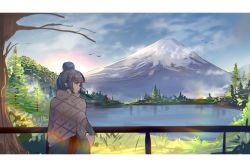 Rule 34 | 1girl, absurdres, arm support, backlighting, bare tree, bird, blanket, blue hair, blue sky, closed mouth, commentary, cowboy shot, english commentary, fence, flying, fog, from side, grass, hair bun, highres, lake, long sleeves, looking to the side, mount fuji, mountain, mountainous horizon, naoel (naoel art), pine tree, purple eyes, scenery, shima rin, sidelocks, single hair bun, sky, solo, standing, tree, white background, wide shot, yurucamp