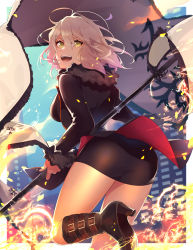 Rule 34 | 1girl, absurdres, ahoge, ass, bare legs, black jacket, boots, fate/grand order, fate (series), fire, flag, hair between eyes, high heel boots, high heels, highres, holding, holding flag, holding weapon, jacket, jeanne d&#039;arc (fate), jeanne d&#039;arc alter (fate), jeanne d&#039;arc alter (ver. shinjuku 1999) (fate), looking at viewer, looking back, official alternate costume, short hair, shorts, silver hair, solo, tia (cocorosso), weapon, wicked dragon witch ver. shinjuku 1999, yellow eyes