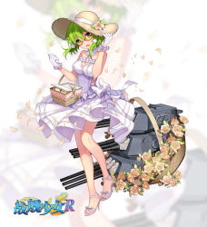 Rule 34 | 1girl, alternate costume, bare shoulders, basket, bison cangshu, breasts, cleavage, copyright name, dress, flower, frills, full body, gloves, green hair, hair ornament, hat, hat flower, high heels, looking at viewer, medium breasts, new orleans (warship girls r), official art, open mouth, petals, red-framed eyewear, rose, sandals, short hair, smile, solo, star (symbol), star hair ornament, sun hat, sundress, warship girls r, white dress, white gloves, wind, yellow eyes, zoom layer