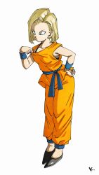 android_18 bare_shoulders black_bra blonde_hair blue_eyes bra breasts collarbone dougi dragon_ball dragonball_z full_body highres kakeru_(dbskakeru) medium_breasts medium_hair orange_pants orange_shirt pants shirt simple_background underwear white_background