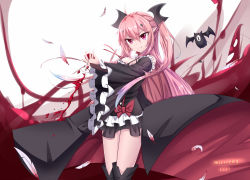 Rule 34 | 10s, 1girl, black dress, blood, dated, detached sleeves, dress, fang, fang out, feathers, highres, krul tepes, long hair, mirrorks, owari no seraph, pink hair, purple hair, signature, solo, two side up