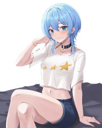 Rule 34 | 1girl, absurdres, alternate costume, black choker, blue eyes, blue hair, blush, bra visible through clothes, bracelet, breasts, choker, closed mouth, collarbone, crop top, crossed legs, hand up, highres, hololive, hoshimachi suisei, iris angel12xii, jewelry, looking at viewer, medium hair, navel, official alternate hairstyle, pendant choker, print shirt, shirt, short shorts, short sleeves, shorts, signature, sitting, small breasts, smile, solo, star (symbol), star in eye, star print, stomach, symbol in eye, thighs, virtual youtuber, white background, white shirt