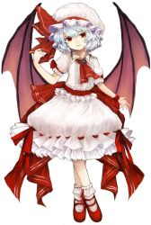 Rule 34 | 1girl, ascot, bat wings, blue hair, bobby socks, brooch, center frills, commentary request, frills, full body, hat, hat ribbon, highres, jewelry, looking at viewer, mob cap, red eyes, red footwear, red ribbon, remilia scarlet, ribbon, ribbon-trimmed skirt, ribbon trim, shoes, short hair, short sleeves, shoudoku taishi (taishi), simple background, skirt, smile, socks, solo, standing, touhou, white background, white skirt, white socks, wings, wrist cuffs