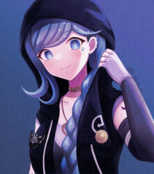 Rule 34 | 1girl, absurdres, black jacket, blue background, blue eyes, blue hair, braid, braided ponytail, chin piercing, closed mouth, collarbone, commentary request, ear piercing, fingerless gloves, fubuki clockford, gloves, grey gloves, highres, hood, hood up, hooded jacket, jacket, jewelry, long hair, looking at viewer, master detective archives: rain code, necklace, piercing, simple background, sleeveless, sleeveless jacket, smile, solo, toyatopa, twitter username, very long hair