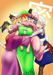 Rule 34 | 5girls, apron, back bow, beret, blonde hair, blue dress, blue hair, blunt bangs, bow, braid, breasts, chinese clothes, closed eyes, crescent, crescent hat ornament, crystal, dress, duplicate, fang, flandre scarlet, full body, girl sandwich, gradient background, green dress, green headwear, green skirt, green vest, grey hair, hair bow, hat, hat bow, hat ornament, hat ribbon, highres, hong meiling, hug, izayoi sakuya, koyubi (littlefinger1988), large breasts, light purple hair, long hair, long sleeves, maid, maid apron, maid headdress, mary janes, medium hair, mob cap, multiple girls, open mouth, pantyhose, patchouli knowledge, pixel-perfect duplicate, purple dress, purple hair, purple headwear, red bow, red footwear, red hair, red ribbon, red skirt, red vest, remilia scarlet, ribbon, robe, sandwiched, shirt, shoes, short hair, siblings, sisters, skirt, smile, socks, standing, star (symbol), star hat ornament, touhou, twin braids, vest, waist apron, waist bow, white apron, white bow, white headwear, white shirt, white socks, wide sleeves, wings, yellow background