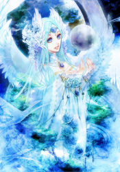 Rule 34 | 1girl, :d, aqua hair, bird, blue eyes, blue flower, blue hair, blue rose, blue theme, bridal gauntlets, dress, earth (planet), feathered wings, floating, floating object, flower, gem, hair flower, hair ornament, lily (flower), long hair, nature, open mouth, original, pearl (gemstone), rose, silhouette, smile, solo, tottome, tree, very long hair, white dress, white wings, wide sleeves, wings, wisteria