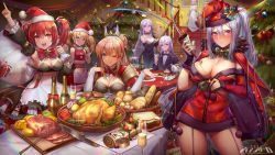 Rule 34 | 1boy, 6+girls, alcohol, alternate costume, ann (iron saga), apple, apron, arm up, armpits, arseille (iron saga), baguette, black dress, black gloves, black jacket, black neckwear, blonde hair, blue eyes, blush, bottle, bow, bowtie, bread, breasts, cape, champagne flute, choker, christmas, christmas lights, christmas ornaments, christmas tree, cleavage, cleavage cutout, closed mouth, clothing cutout, confetti, crop top, cup, d. (ddot2018), detached sleeves, dress, drinking glass, food, fork, fruit, fur-trimmed cape, fur-trimmed crop top, fur-trimmed dress, fur-trimmed gloves, fur trim, garter straps, gloves, glumi (iron saga), green eyes, hair between eyes, hair ornament, hair ribbon, hairclip, halter dress, halterneck, hat, highres, holding, holding cup, holding sack, indoors, iron saga, jacket, knife, large breasts, linda (iron saga), logo, long hair, long sleeves, looking at viewer, mango, medium breasts, multiple girls, official art, onion, open mouth, pale skin, parted lips, party popper, plate, pom pom (clothes), ponytail, pork, purple eyes, purple hair, red cape, red dress, red eyes, red hair, rhea (iron saga), ribbon, sack, santa costume, santa hat, shawl, shirt, sidelocks, silver hair, skirt, sleeveless, small breasts, smile, sparkle, spill, stairs, star-shaped pupils, star (symbol), steak, stuffed toy, symbol-shaped pupils, table, trista (iron saga), turkey (bird), twintails, vivian kirastar (iron saga), waist apron, white dress, white shirt