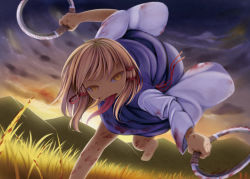 Rule 34 | 1girl, arms up, barefoot, blonde hair, blood, blood on face, blood on leg, blood on clothes, blood on hands, bloody weapon, cloud, commentary request, gradient sky, grass, hair ribbon, holding, holding weapon, hoop, leaning forward, long tongue, looking at viewer, moriya&#039;s iron rings, moriya suwako, mountainous horizon, no headwear, outdoors, ribbon, short hair, sidelocks, sky, slit pupils, solo, standing, standing on one leg, tomo takino, tongue, tongue out, touhou, twilight, weapon, yellow eyes