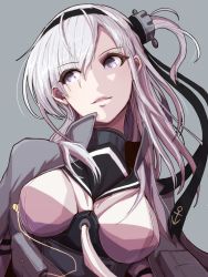 Rule 34 | 1girl, alternate eye color, anchor symbol, black ribbon, bodysuit, boushi-ya, breasts, grey background, hachimaki, hair between eyes, hair over shoulder, headband, headgear, jacket, jacket on shoulders, kantai collection, long hair, one side up, parted lips, purple eyes, ribbon, sailor collar, school uniform, shaded face, silver hair, simple background, smile, solo, suzutsuki (kancolle), upper body, white neckwear