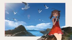 Rule 34 | 1girl, ahoge, arm at side, arm support, bare legs, bird, blue bow, blue sky, border, bottle, bow, bowtie, brown hair, cloud, commentary, commentary request, dress, eyes visible through hair, flock, flying, hair ornament, hair ribbon, highres, holding, holding bottle, lens flare, light particles, light rays, looking away, mountainous horizon, ocean, parted lips, plastic bottle, ramune, red dress, red eyes, red ribbon, ribbon, rock, sailor collar, sailor dress, seagull, shadow, shirinda fureiru, shore, sitting, sitting on rock, sky, sleeveless, sleeveless dress, solo, sunbeam, sunlight, touhoku kiritan, twintails, voiceroid, water, white sailor collar