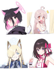 Rule 34 | 4girls, ^^^, ahoge, animal ear fluff, animal ears, azki (3rd costume) (hololive), azki (hololive), black hair, blonde hair, blue archive, blue eyes, bow, closed mouth, deadnooodles, flat chest, grey hair, hair bow, hair over one eye, halo, highres, hololive, kanna (blue archive), kazusa (blue archive), long hair, looking at viewer, multicolored hair, multiple girls, onii-chan wa oshimai!, open mouth, oyama mahiro, pink hair, purple eyes, red bow, sharp teeth, short hair, simple background, smile, solo, teeth, two-tone hair, upper body, virtual youtuber, white background, wrist cuffs