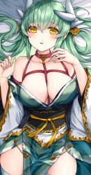 Rule 34 | bare shoulders, blush, breasts, collarbone, commentary request, cowboy shot, dragon girl, dragon horns, fate/grand order, fate (series), green hair, green kimono, hands up, highres, horns, japanese clothes, kimono, kiyohime (fate), large breasts, long hair, long sleeves, looking at viewer, lying, morizono shiki, off shoulder, parted lips, smile, solo, thighhighs, white thighhighs, wide sleeves, yellow eyes