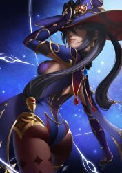 Rule 34 | 1girl, adjusting clothes, adjusting headwear, armpits, ass, black hair, black pantyhose, blue eyes, blue leotard, breasts, cape, commentary request, detached sleeves, earrings, from behind, genshin impact, hair between eyes, hair ornament, hat, head tilt, highres, jewelry, leotard, long hair, long sleeves, looking at viewer, looking back, medium breasts, mona (genshin impact), okita, pantyhose, sideboob, sidelocks, simple background, solo, twintails, vision (genshin impact), witch hat