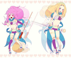 Rule 34 | 2girls, arche klein, blonde hair, blush, bracelet, breasts, broom, cleavage, cosplay, elbow gloves, gloves, heart, jewelry, long hair, midriff, mint adenade, multiple girls, navel, open mouth, pink eyes, pink hair, ponytail, purple eyes, rondorine e. effenberg, scarf, shoes, shorts, staff, tales of (series), tales of phantasia, tales of phantasia: narikiri dungeon x, thighhighs, weapon