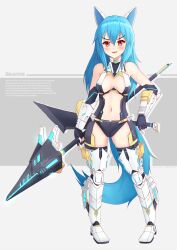 Rule 34 | 1girl, animal ears, bare shoulders, black gloves, black thighhighs, blue hair, blush, breasts, commentary, commission, elbow gloves, english commentary, full body, gloves, grey background, hair between eyes, highres, holding, holding polearm, holding weapon, long hair, looking at viewer, mecha musume, medium breasts, navel, original, polearm, prophosphere, red eyes, smile, solo, standing, tail, thighhighs, two-tone background, v-shaped eyebrows, weapon