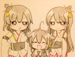 Rule 34 | 10s, 3girls, :d, ^ ^, ahoge, bare shoulders, black hair, black serafuku, blush, braid, check commentary, chibi, closed eyes, commentary request, detached sleeves, eyebrows, closed eyes, fusou (kancolle), hair flaps, hair ornament, hair over shoulder, jako (jakoo21), japanese clothes, kantai collection, long hair, multiple girls, neckerchief, nontraditional miko, open mouth, pleated skirt, red eyes, red skirt, remodel (kantai collection), ribbon, school uniform, serafuku, shigure (kancolle), short hair, single braid, skirt, smile, tears, wide sleeves, yamashiro (kancolle)