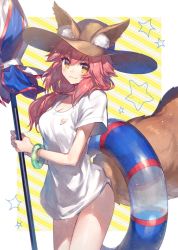 Rule 34 | 1girl, :3, animal ear fluff, animal ears, blush, breasts, chocoan, cleavage, fate/grand order, fate (series), fox ears, fox tail, hair between eyes, hat, highres, innertube, long hair, looking at viewer, medium breasts, pink hair, smile, solo, standing, straw hat, swim ring, tail, tamamo (fate), tamamo no mae (fate/extra), tamamo no mae (swimsuit lancer) (fate), tamamo no mae (swimsuit lancer) (first ascension) (fate), thighs, yellow eyes