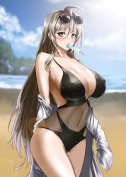 Rule 34 | 1girl, ahoge, bad id, bad pixiv id, bare shoulders, beach, breasts, brown dust, cleavage, collarbone, commentary request, covered erect nipples, eyewear on head, food, grey eyes, grey hair, highres, huge breasts, kibellin, long hair, looking at viewer, mouth hold, popsicle, solo, standing, sunglasses, sweat, thighs, very long hair, wide hips