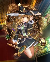 Rule 34 | 1girl, alternate costume, belt, book, brooch, broom, broom riding, capelet, crescent, hat, hat ornament, jewelry, juliet sleeves, kirisame marisa, lamase (41), lantern, long hair, long sleeves, looking at viewer, magic circle, open book, puffy sleeves, shirt, skirt, skirt set, solo, stained glass, star (symbol), touhou, witch hat, yellow eyes, yin yang