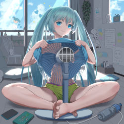 Rule 34 | 1girl, :3, @ @, aqua eyes, aqua hair, bare legs, barefoot, blush, bottle, box, character doll, closed mouth, clothes lift, commentary, dorsiflexion, drawing, electric fan, fanning self, feet, full body, glass door, hatsune miku, heart, indian style, indoors, lifted by self, long hair, looking at viewer, lotus position, master (vocaloid), shirt lift, short shorts, shorts, sitting, solo, spring onion, toe-point, toes, twintails, vocaloid, water bottle, yukichi (yu-ame)