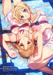 Rule 34 | 2girls, alice zuberg, asuna (sao), blonde hair, blue eyes, blush, braid, breasts, brown eyes, brown hair, bunbun, cleavage, collarbone, dress, hairband, highres, large breasts, lips, looking at viewer, multiple girls, official art, open mouth, see-through, sidelocks, smile, sundress, sword art online, thighs, water, wet, wet clothes, wet hair, white dress, white hairband