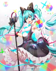 Rule 34 | 1girl, :d, armpit peek, bad id, bad pixiv id, black bow, black dress, blurry, bow, breasts, cable, cowboy shot, cube, depth of field, dress, eyelashes, gloves, glowing, gradient background, grey background, hair between eyes, hair bow, hatsune miku, headphones, highres, lens flare, long hair, looking at viewer, magical mirai (vocaloid), magical mirai miku, magical mirai miku (2016), microphone stand, necktie, open mouth, outstretched arms, pantyhose, pinafore dress, shirt, sleeveless, sleeveless dress, small breasts, smile, solo, sparkle, striped clothes, striped dress, twintails, vertical-striped clothes, vertical-striped dress, very long hair, vocaloid, white gloves, white pantyhose, white shirt, y.i. (lave2217)
