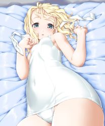 Rule 34 | 1girl, bed sheet, blonde hair, blush, breasts, covered navel, cowboy shot, dd (ijigendd), green eyes, hairband, highres, kantai collection, looking at viewer, luigi torelli (kancolle), lying, one-piece swimsuit, open mouth, ribbon, school swimsuit, short hair, small breasts, solo, swimsuit, white hairband, white school swimsuit, white one-piece swimsuit
