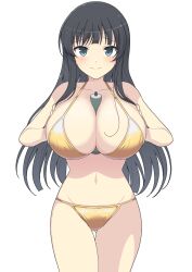 Rule 34 | 1girl, bare shoulders, between breasts, bikini, black hair, blue eyes, blunt bangs, blunt ends, blush, breasts, breasts squeezed together, cleavage, closed mouth, collarbone, commentary request, gluteal fold, gold bikini, groin, huge breasts, ikaruga (senran kagura), long hair, looking at viewer, navel, perapera, scroll, senran kagura, senran kagura shinovi versus, senran kagura shoujo-tachi no shin&#039;ei, simple background, smile, solo, standing, string bikini, swimsuit, white background