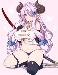 Rule 34 | 1girl, asymmetrical legwear, bare shoulders, black gloves, black legwear, black panties, blue butterfly, blue eyes, blush, braid, breasts, bug, butterfly, commentary request, crotch seam, draph, elbow gloves, fingerless gloves, gloves, granblue fantasy, hair ornament, hair over one eye, highres, himukai kyousuke, horns, insect, katana, large breasts, light purple hair, long hair, looking at viewer, low-tied long hair, low tied hair, narmaya (granblue fantasy), navel, one eye covered, panties, pink background, pointy ears, seiza, sheath, sheathed, shiny skin, sitting, skindentation, smile, solo, sword, thigh strap, thighs, underwear, uneven legwear, very long hair, weapon