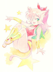 Rule 34 | 1girl, agahari, animal ear fluff, animal ears, armlet, ass, backpack, bag, breasts, cat ears, cat girl, cat tail, cleavage, colored pencil (medium), colored skin, fang, full body, furry, furry female, green eyes, hair ribbon, long hair, medium breasts, miiya miiya, one eye closed, open mouth, painting (medium), pink hair, ponytail, ribbon, rpg densetsu hepoi, solo, star (symbol), tail, thick eyebrows, traditional media, white background, wink