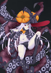 Rule 34 | 1girl, abigail williams (fate), abigail williams (third ascension) (fate), absurdres, bare shoulders, black bow, black headwear, bow, breasts, colored skin, fate/grand order, fate (series), hat, highres, keyhole, long hair, multiple bows, navel, orange bow, parted bangs, red eyes, sitting, small breasts, tentacles, third eye, white hair, white skin, witch hat, yamachi (xadp7533)