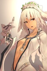 Rule 34 | 10s, 1girl, :o, aestus estus, altera (fate), alternate hairstyle, belt, between breasts, blunt bangs, bodysuit, bow, breasts, bridal veil, bun cover, center opening, chain, chain necklace, collarbone, cosplay, dark-skinned female, dark skin, eyelashes, fate/extra, fate/extra ccc, fate/grand order, fate (series), flower, flower wreath, from side, full-length zipper, gloves, gradient background, grey background, groin, hair bun, hair up, hand up, head wreath, high collar, holding, holding sword, holding weapon, i-pan, jewelry, lock, looking to the side, navel, necklace, nero claudius (bride) (fate), nero claudius (fate), nero claudius (fate) (all), no bra, open clothes, padlock, parted lips, red eyes, reverse grip, revision, saber bride, saber bride (cosplay), short hair with long locks, sidelocks, single hair bun, small breasts, solo, sword, tattoo, unzipped, veil, weapon, white bodysuit, white bow, white flower, white hair, wrist cuffs, wrist straps, zipper, zipper pull tab